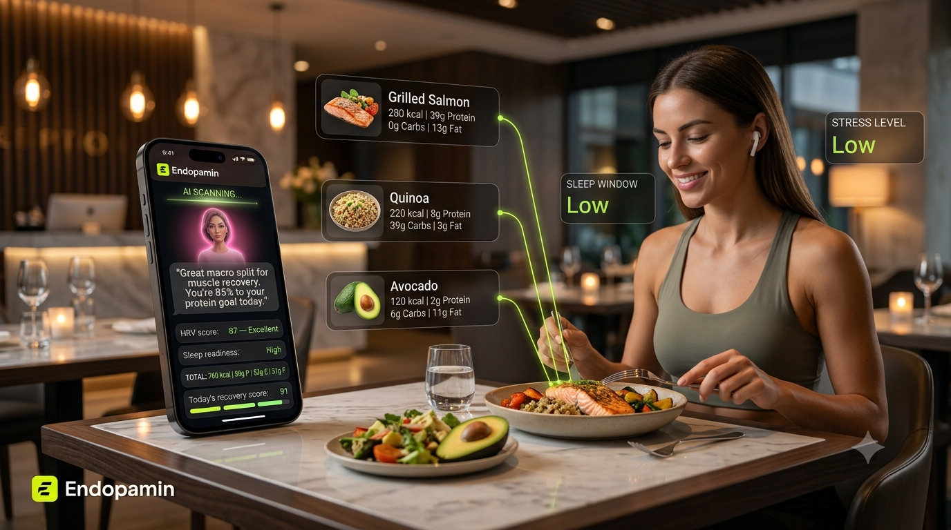 Woman at restaurant with Endopamin AI scanning her plate — salmon, quinoa, avocado macro analysis