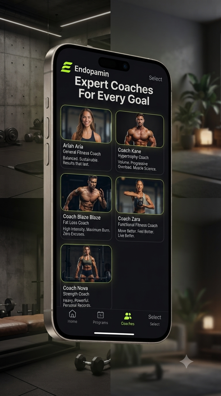 Endopamin app showing all 5 AI coaches — Aria, Kane, Blaze, Zara, Nova