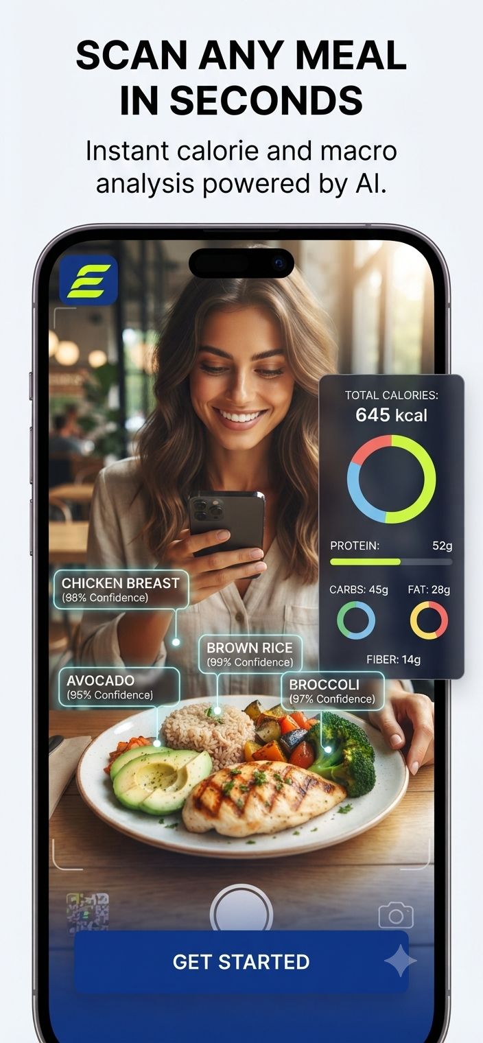 Endopamin app scanning a meal — chicken, rice, avocado with calorie and macro breakdown