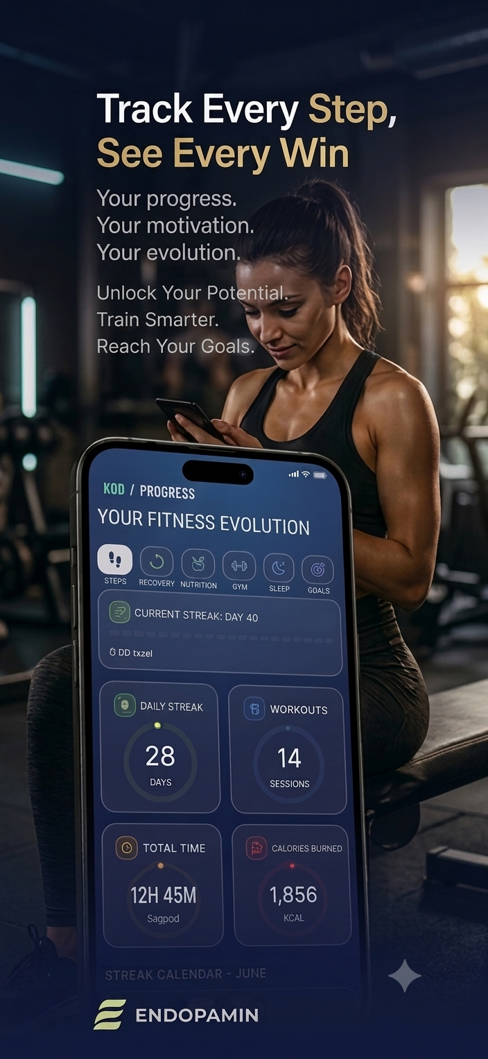 Endopamin app progress screen showing workout streaks, personal records, and weekly activity summary